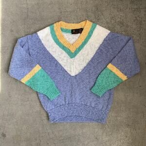 Vintage 80s Liz Sport Pastel Cable Knit V Neck Retro Sweater